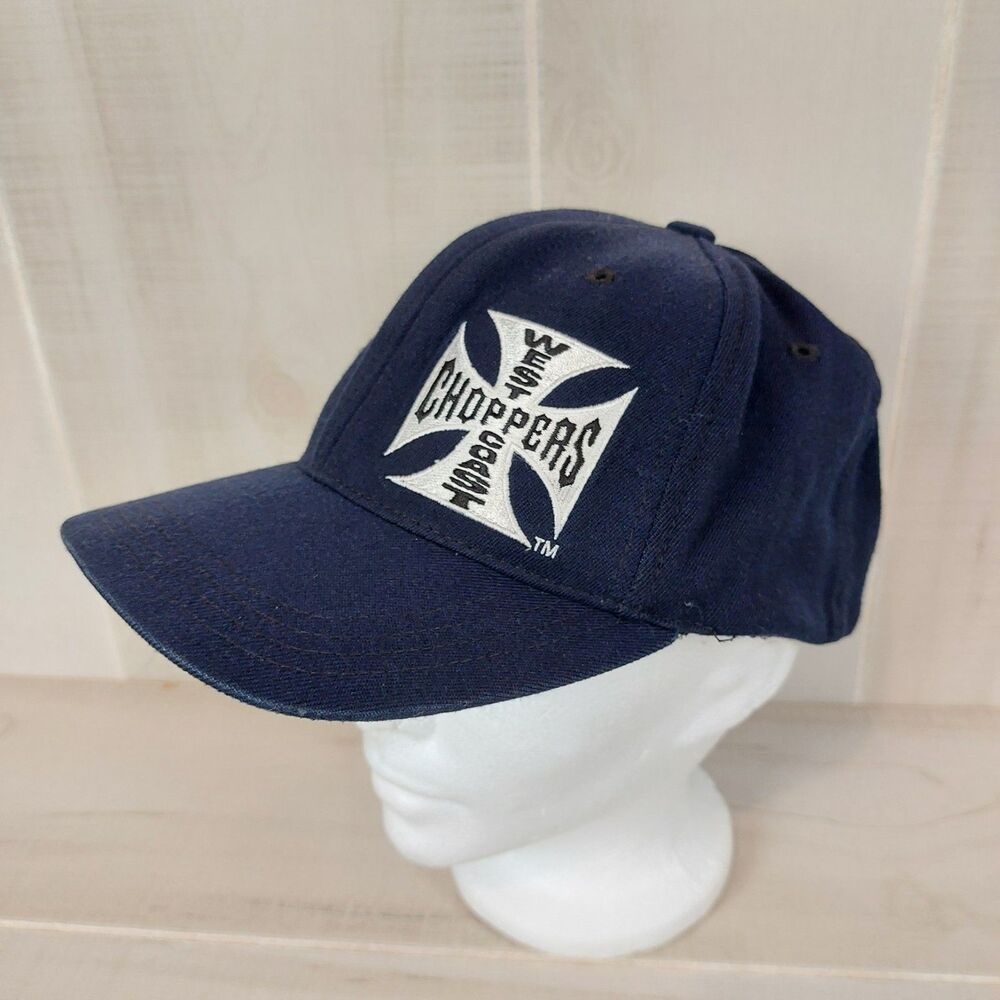 VTG Y2K West Coast Choppers Jesse James Blue Fitted Hat Iron Cross Wool Blend